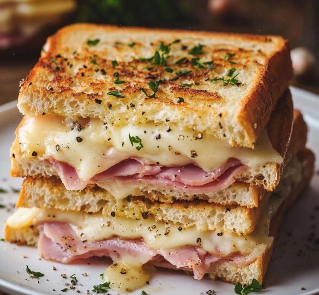 Croque-monsieur montagnard doré au four, garni de fromage à raclette fondant et de jambon de pays.