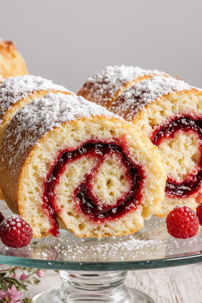 Biscuit roulé à la confiture de framboise saupoudré de sucre glace, moelleux et doré, prêt à être dégusté.