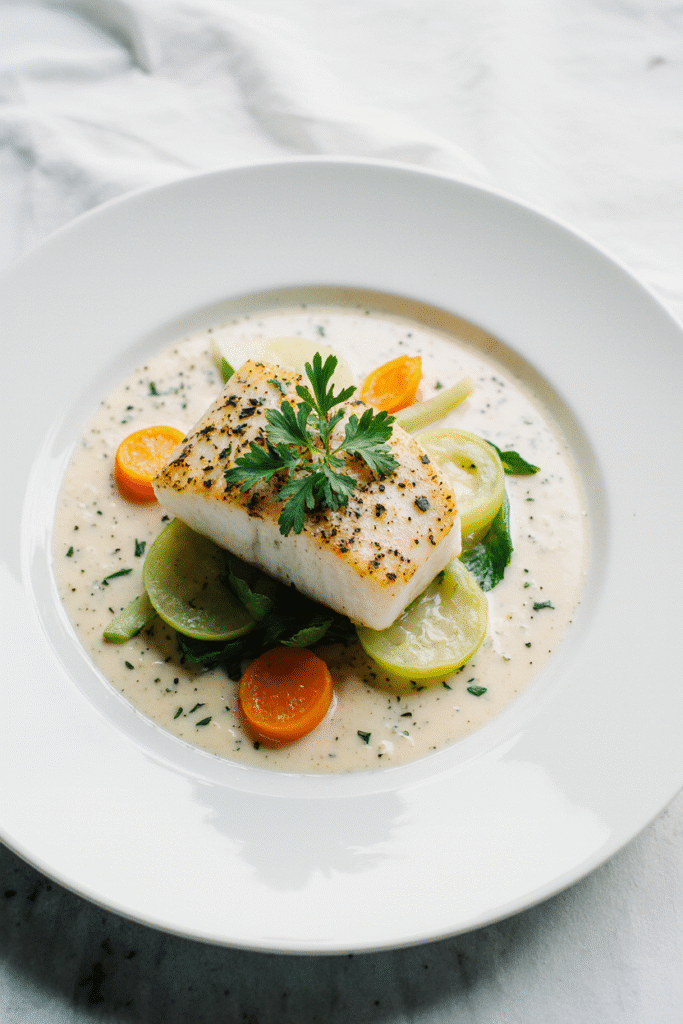 Blanquette de turbot aux poireaux servie avec une sauce onctueuse et des légumes fondants, dans une assiette creuse garnie de persil frais.