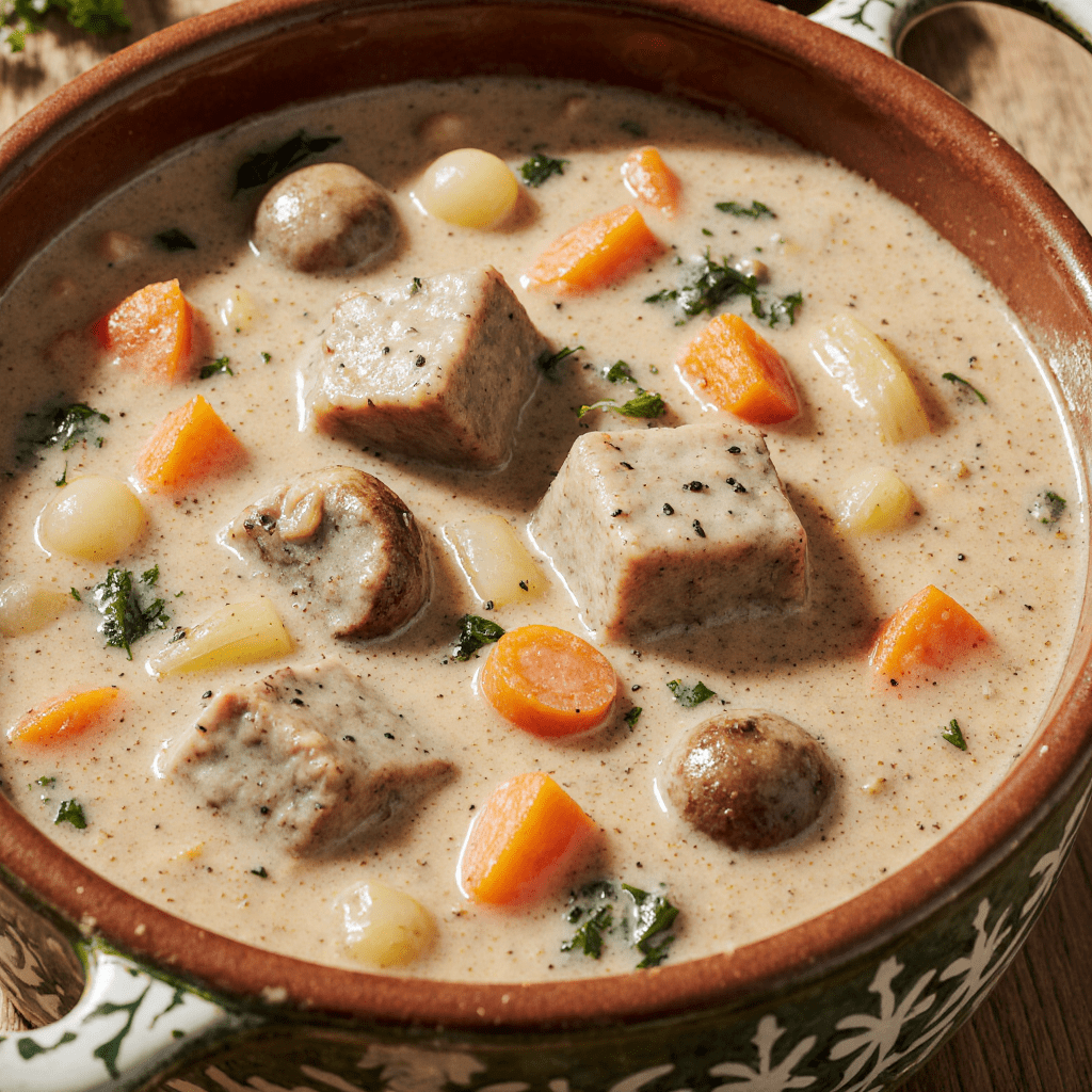 Blanquette de veau à l’ancienne servie dans une cocotte, avec sauce blanche, carottes et champignons.
