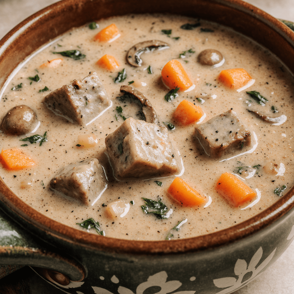 Blanquette de veau à l’ancienne servie dans une cocotte, avec sauce blanche, carottes et champignons.