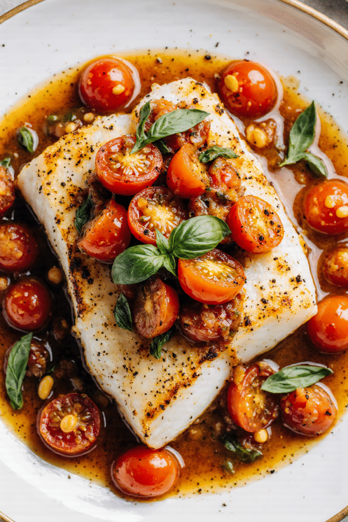 Cabillaud gratiné au four garni de tomates cerises et de basilic frais dans un plat blanc, prêt à être servi.