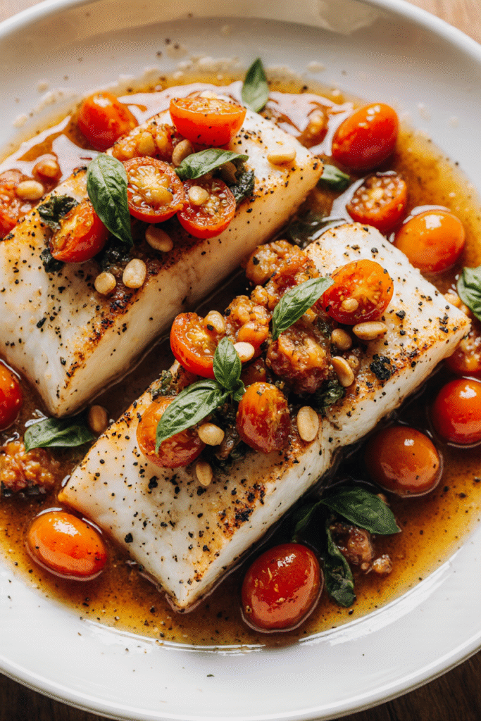 Cabillaud gratiné au four garni de tomates cerises et de basilic frais dans un plat blanc, prêt à être servi.