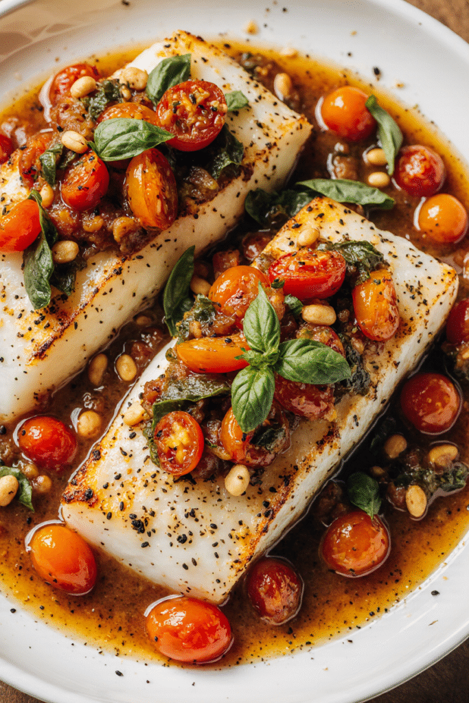Cabillaud gratiné au four garni de tomates cerises et de basilic frais dans un plat blanc, prêt à être servi.