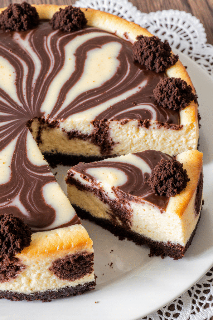 Cheesecake marbré chocolat et vanille avec effet marbré parfait sur base biscuitée au chocolat.