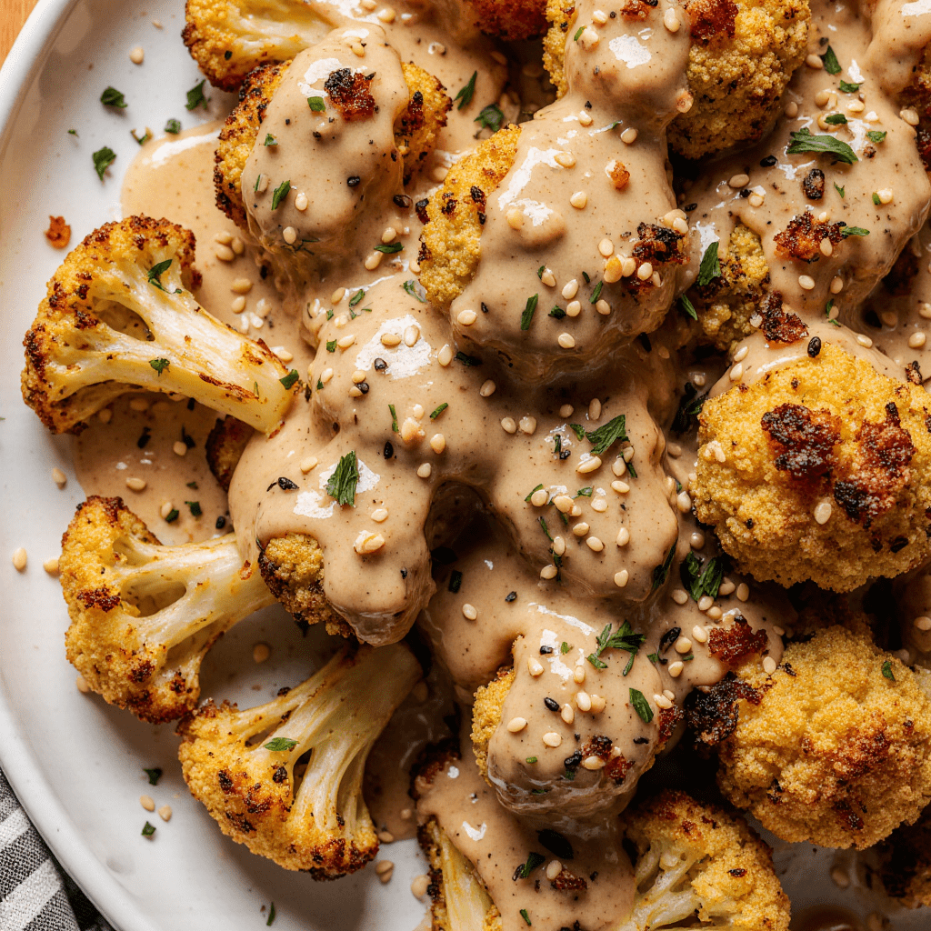 Chou-fleur rôti doré et nappé de sauce miel-moutarde dans un plat de service.