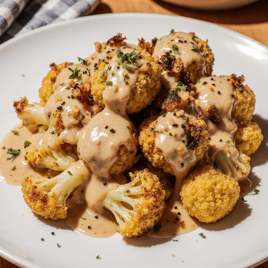 Chou-fleur rôti doré et nappé de sauce miel-moutarde dans un plat de service.