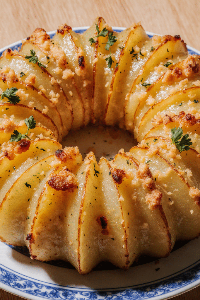 Couronne croustillante de pommes de terre dorée au four, parsemée de persil frais sur un plat de service