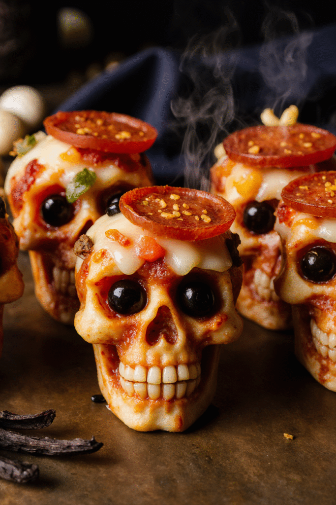 Crânes de pizza d’Halloween dorés et croustillants sur plaque de cuisson, décorés comme des jack o’ lantern pour la fête du 31 octobre.