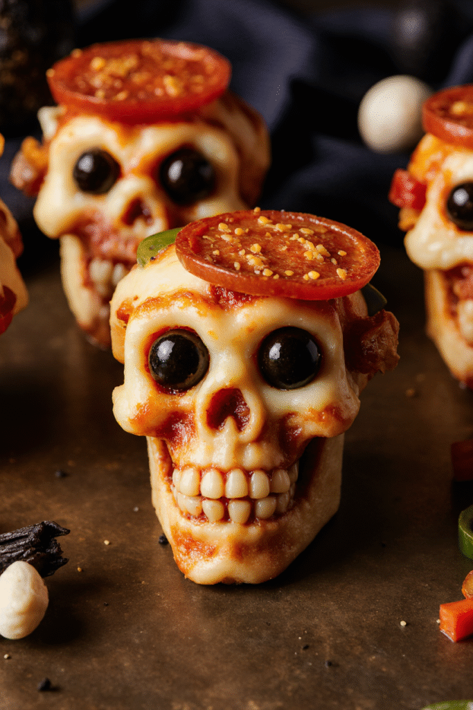 Crânes de pizza d’Halloween dorés et croustillants sur plaque de cuisson, décorés comme des jack o’ lantern pour la fête du 31 octobre.