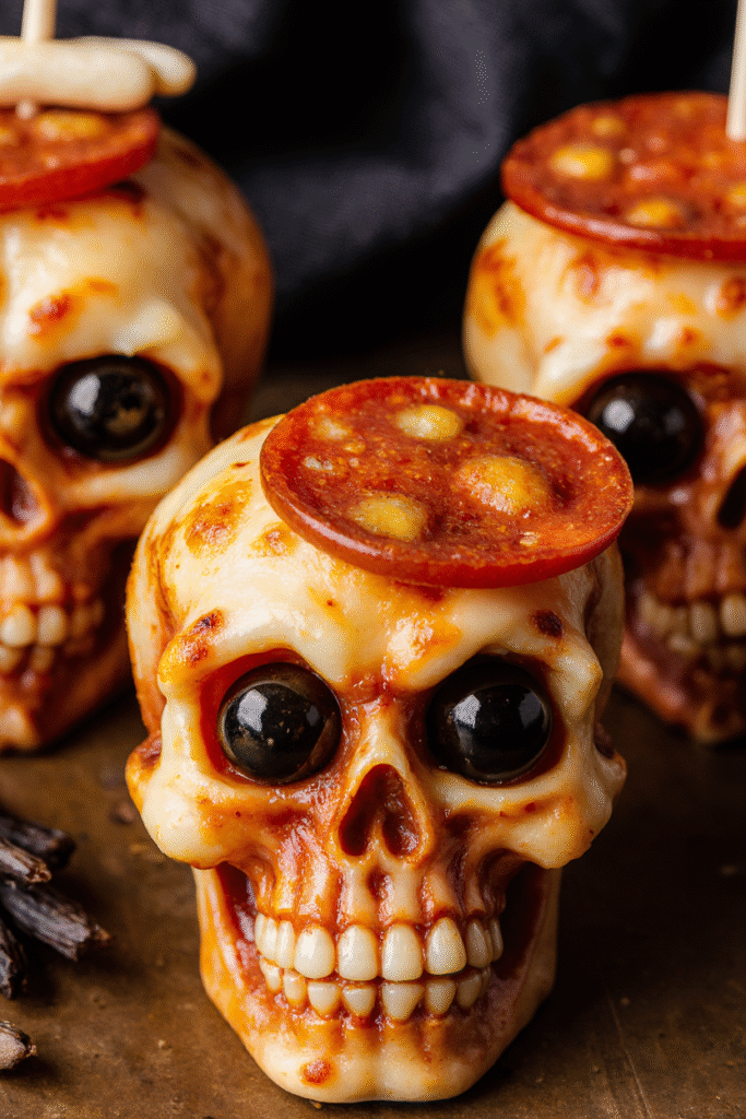 Crânes de pizza d’Halloween dorés et croustillants sur plaque de cuisson, décorés comme des jack o’ lantern pour la fête du 31 octobre.