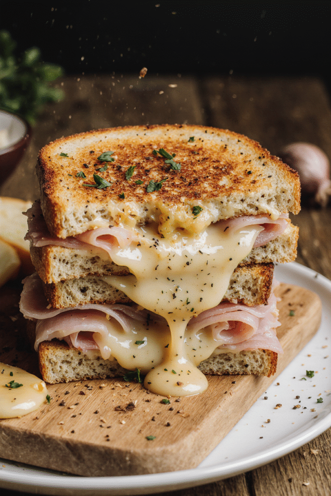 Croque-monsieur montagnard doré au four, garni de fromage à raclette fondant et de jambon de pays.