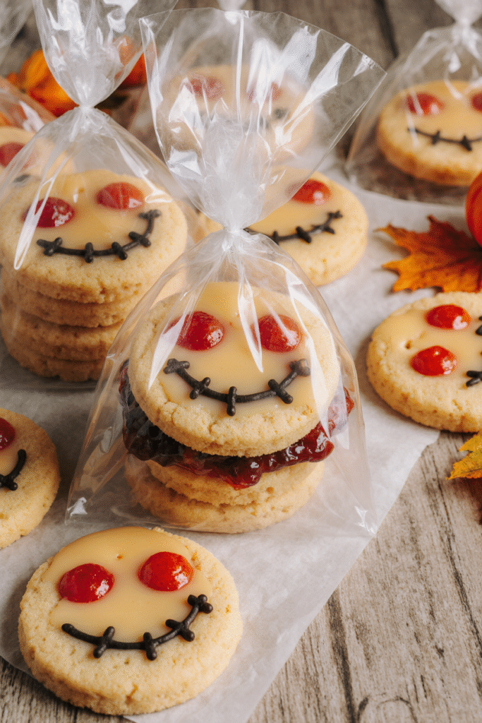 Biscuits au lait concentré sucré spécial Halloween décorés façon jack o’ lantern sur plaque de cuisson pour le soir du 31 octobre.