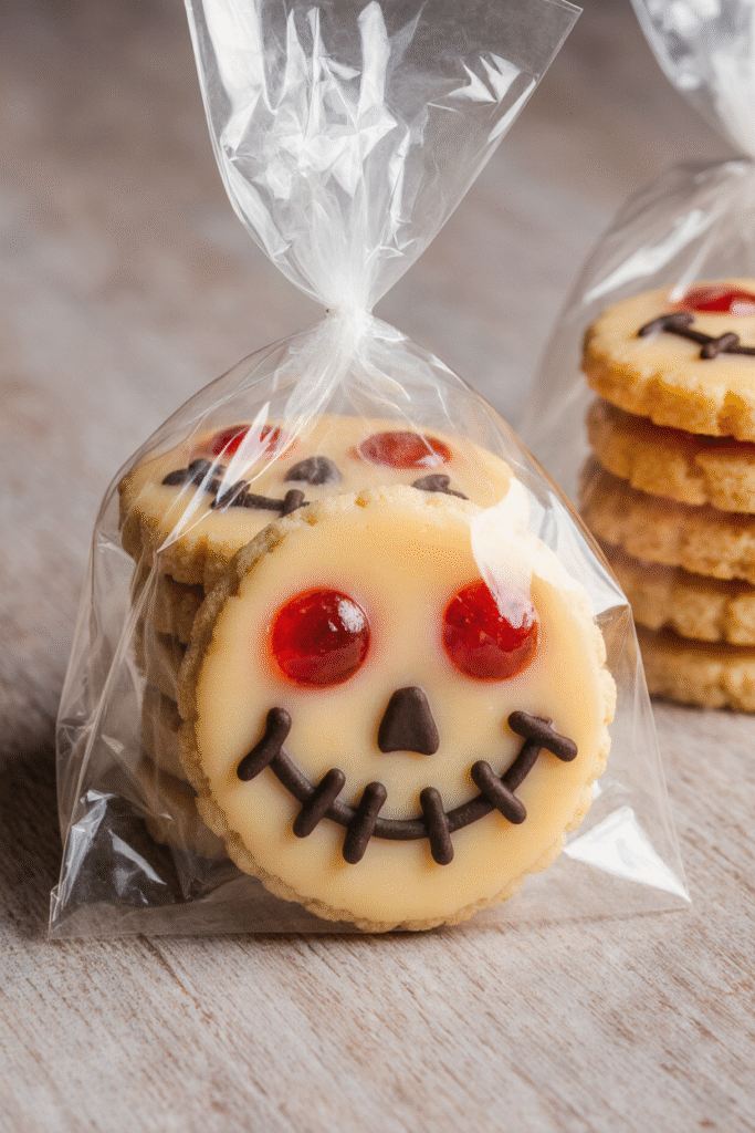 Biscuits au lait concentré sucré spécial Halloween décorés façon jack o’ lantern sur plaque de cuisson pour le soir du 31 octobre.