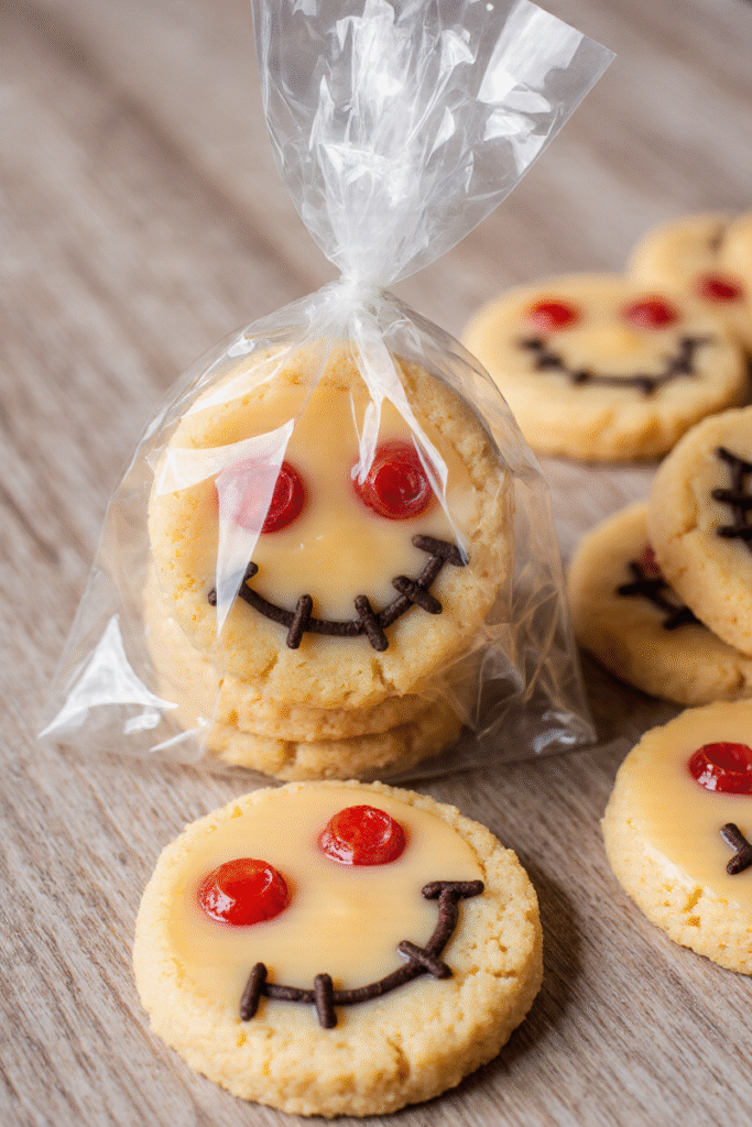Biscuits au lait concentré sucré spécial Halloween décorés façon jack o’ lantern sur plaque de cuisson pour le soir du 31 octobre.