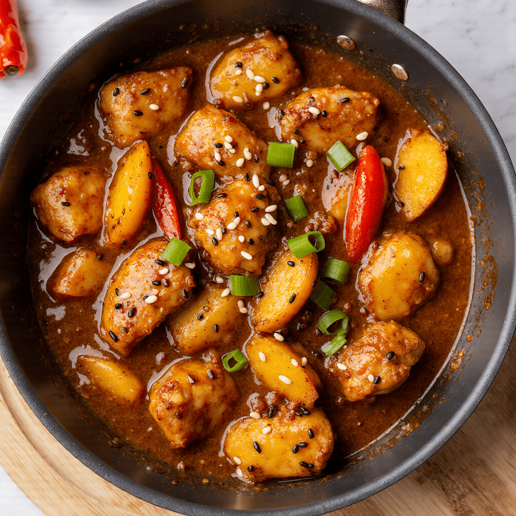 Poulet aigre-doux maison avec poivrons, ananas et sauce brillante, servi sur un lit deriz blanc