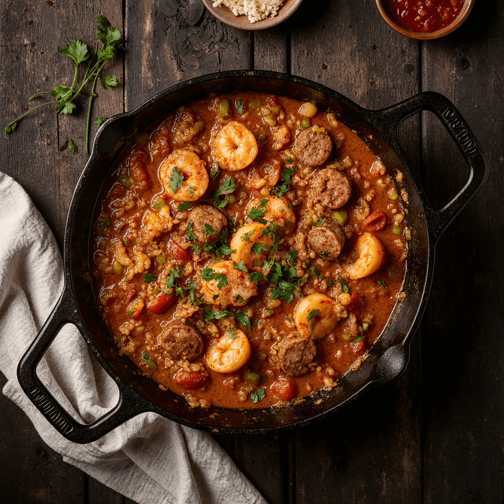 Assiette de jambalaya créole aux crevettes, saucisses et poulet, garnie de persil frais et servie bien chaude.
