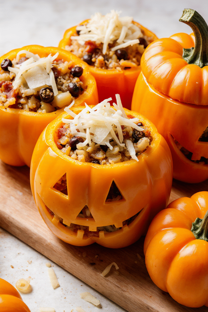 Poivrons farcis d’Halloween sculptés façon jack o’ lantern, dorés au four sur plaque de cuisson et garnis de légumes fondants.