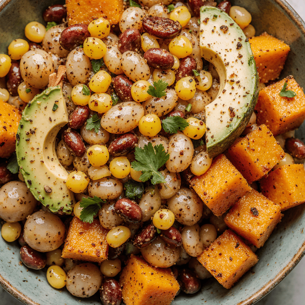 Salade tiède de courge rôtie, haricots, maïs et avocat, garnie d’herbes fraîches.