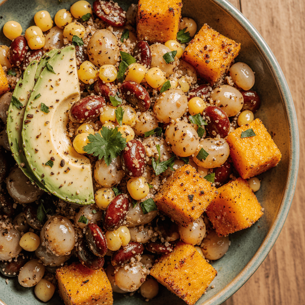 Salade tiède de courge rôtie, haricots, maïs et avocat, garnie d’herbes fraîches.