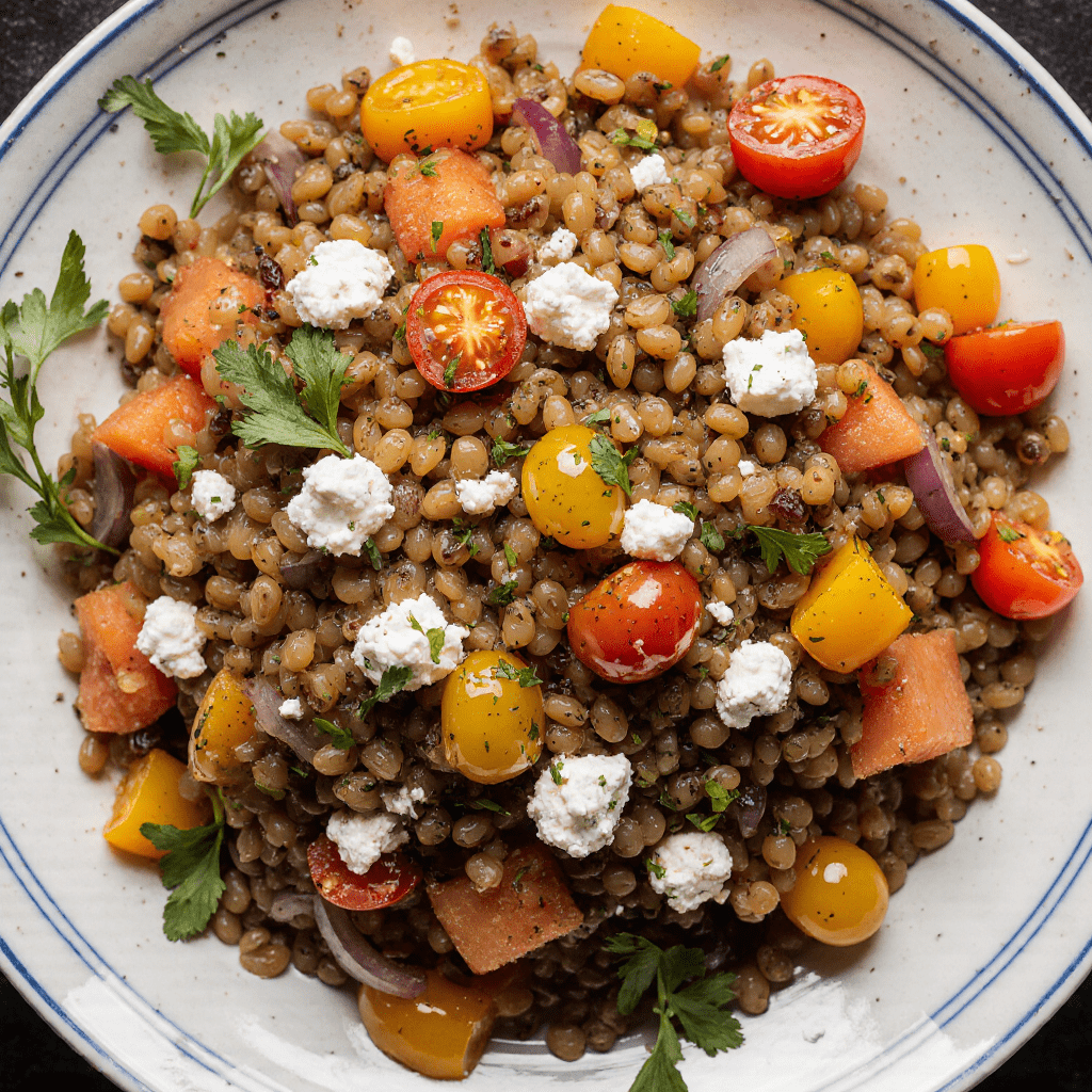 Salade de lentilles avec légumes frais, feta émiettée et persil dans un grand saladier.