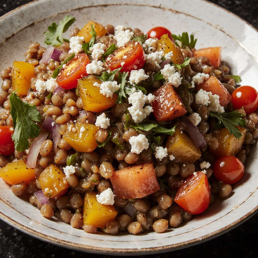 Salade de lentilles avec légumes frais, feta émiettée et persil dans un grand saladier.