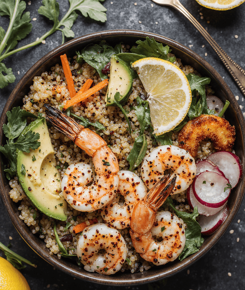 Bol de salade quinoa, avocat et crevettes avec roquette et citron sur table en bois.