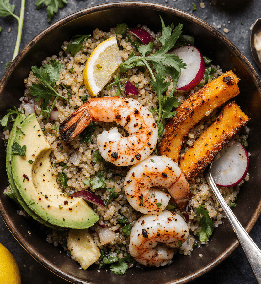 Bol de salade quinoa, avocat et crevettes avec roquette et citron sur table en bois.