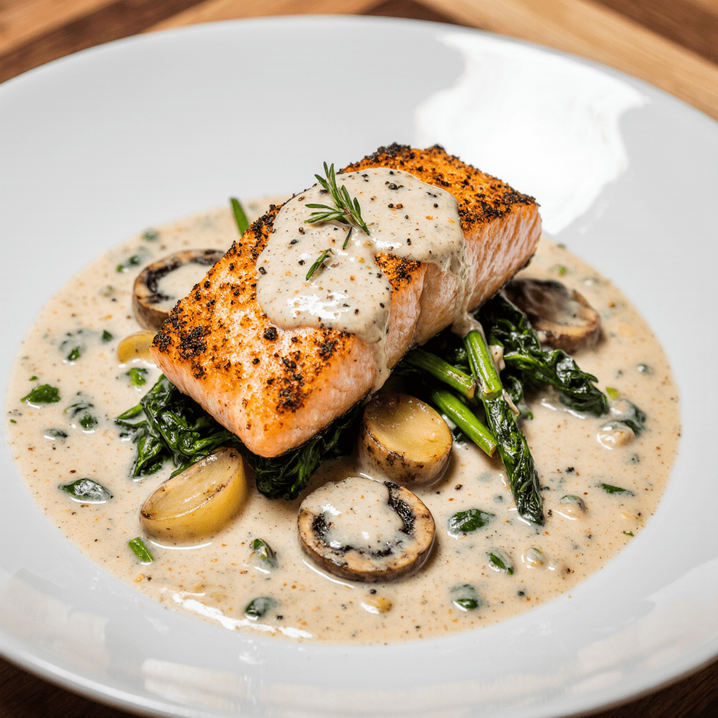 Saumon crémeux à l’ail, beurre, épinards et champignons