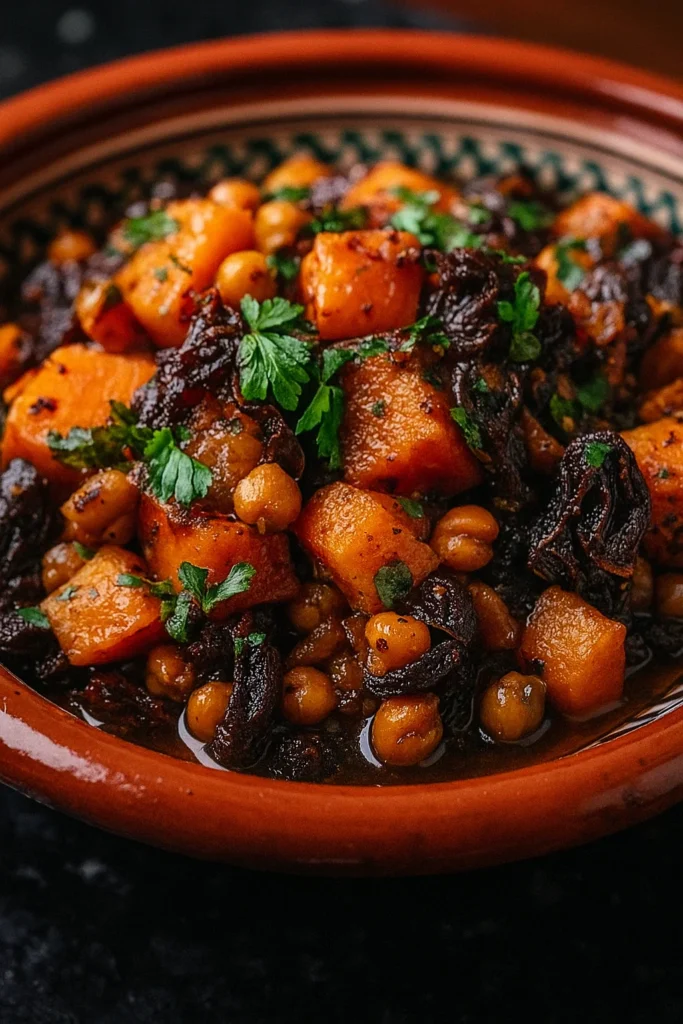 Tajine de patate douce, pruneaux et pois chiches servi chaud dans un plat traditionnel, garni d’amandes effilées.