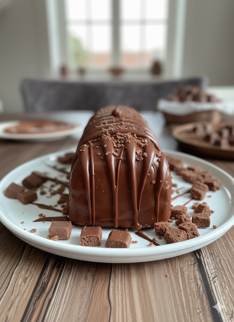 Bûche Kinder Bueno roulée au chocolat avec ganache crémeuse et décoration aux noisettes.