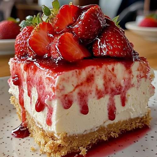 Cheesecake à la fraise sans cuisson avec base biscuitée, crème onctueuse et nappage de fraises fraîches.