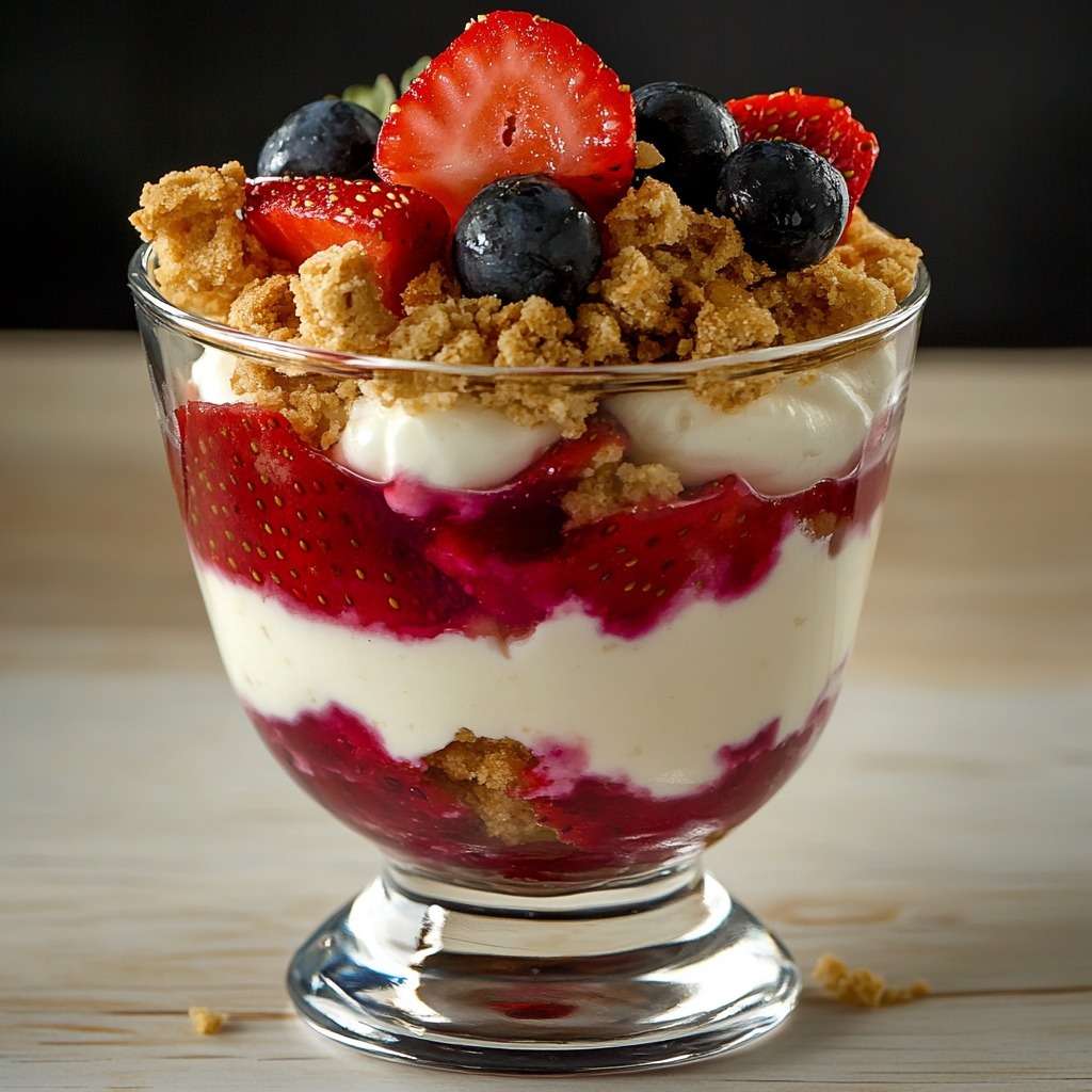 Verrines de crumble fruits rouges et mascarpone avec couches gourmandes et décoration menthe.