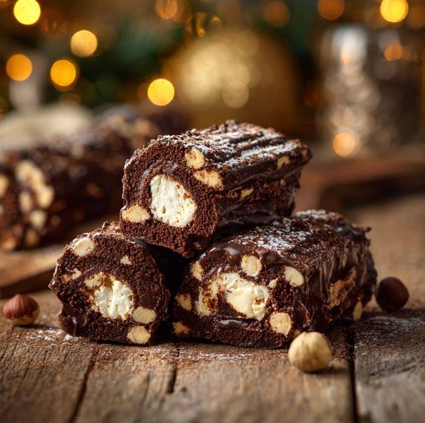 Mini bûchettes au chocolat et spéculoos décorées de cacao et noisettes sur assiette festive.