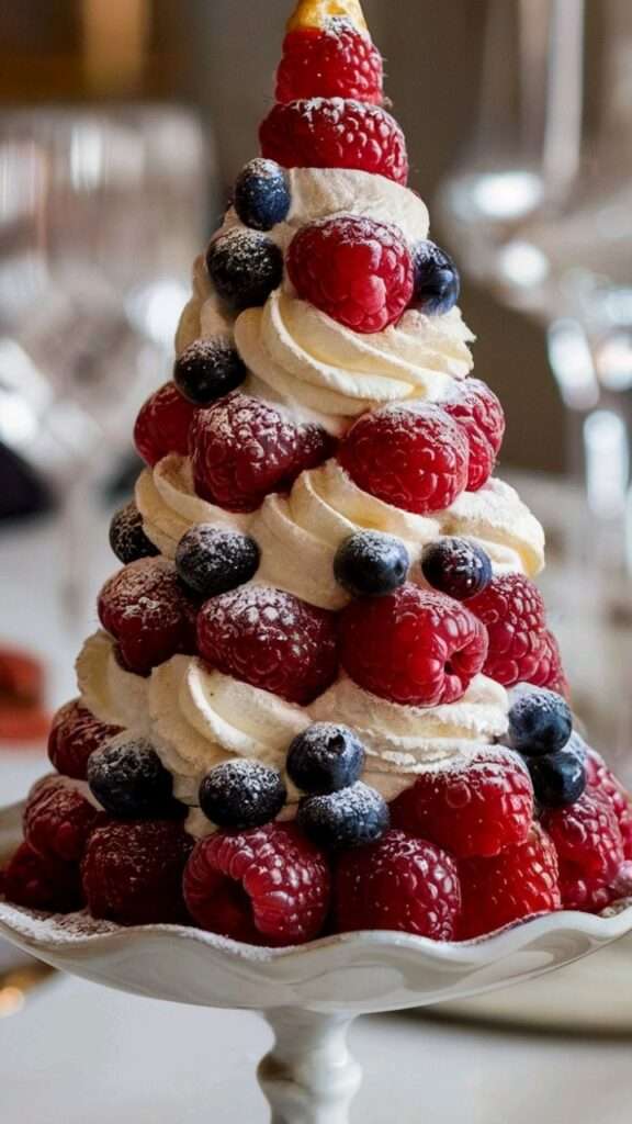 Pavlova montée en étages garnie de crème fouettée et de fruits rouges en forme de sapin de Noël.