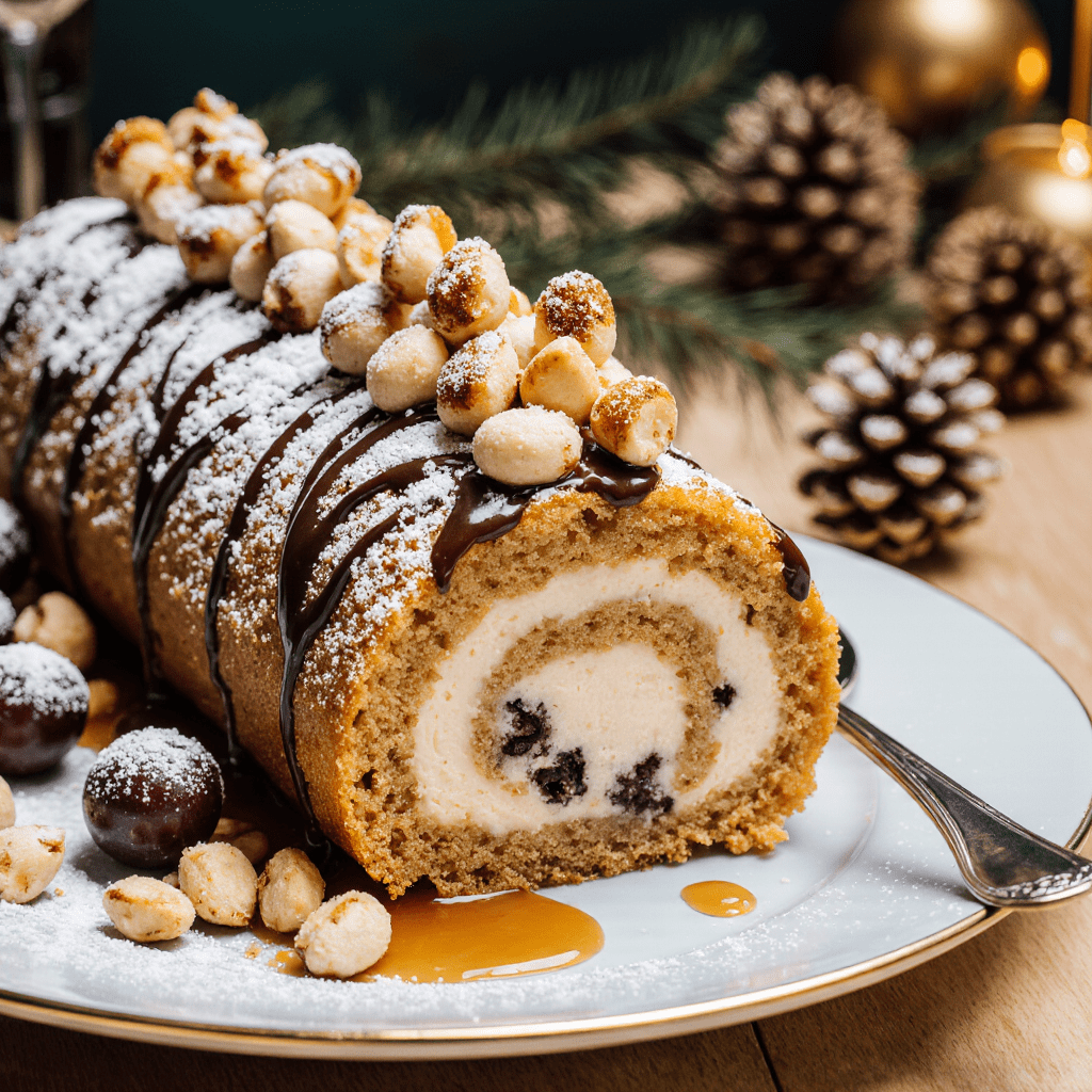 Bûche de Noël roulée au caramel et cacahuètes décorée de chocolat et de sucre glace sur un plat de service.