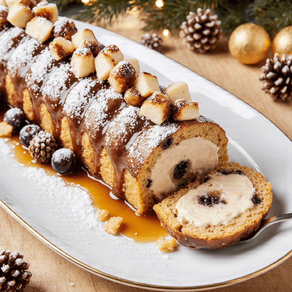 Bûche de Noël roulée au caramel et cacahuètes décorée de chocolat et de sucre glace sur un plat de service.