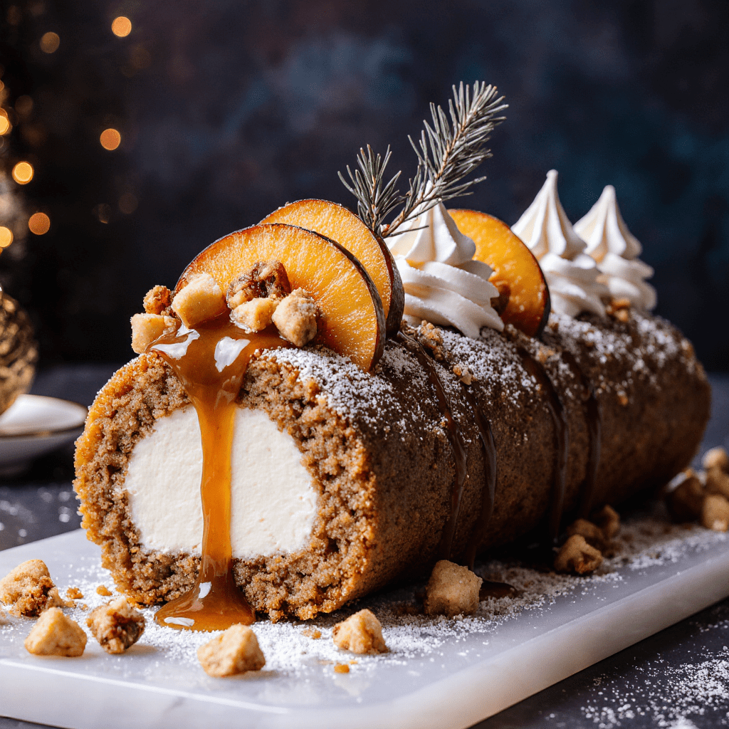 Bûche de Noël roulée au caramel beurre salé, pommes caramélisées et spéculoos, décorée et servie sur plat festif.
