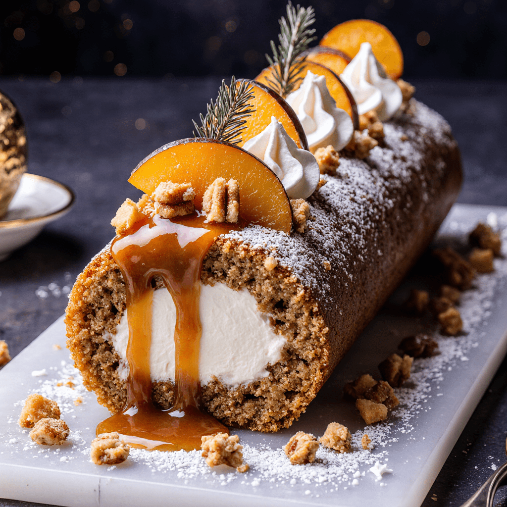 Bûche de Noël roulée au caramel beurre salé, pommes caramélisées et spéculoos, décorée et servie sur plat festif.