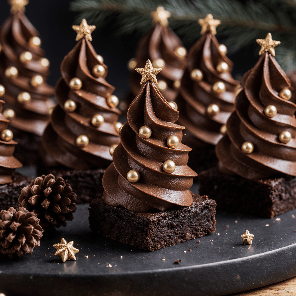 Brownies en forme de sapin de Noël décorés de glaçage et perles de sucre.