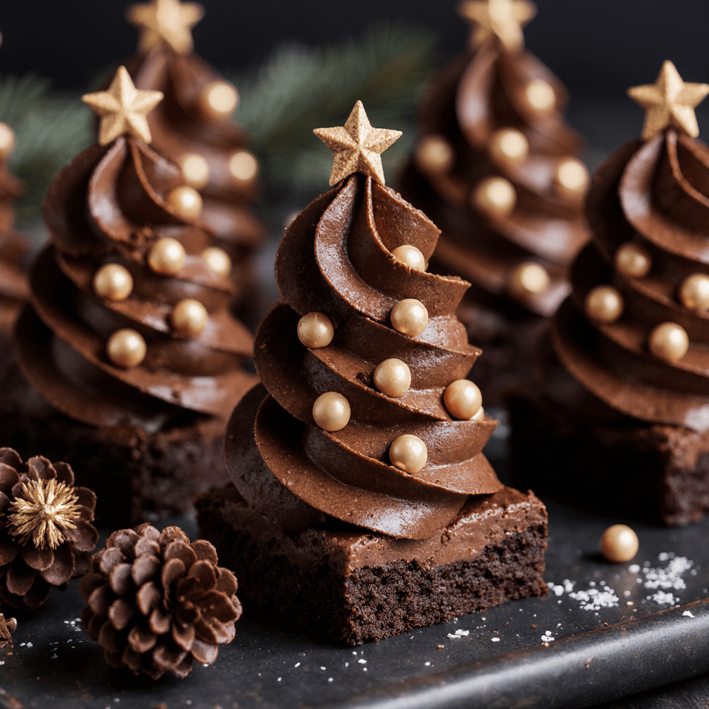 Brownies en forme de sapin de Noël décorés de glaçage et perles de sucre.