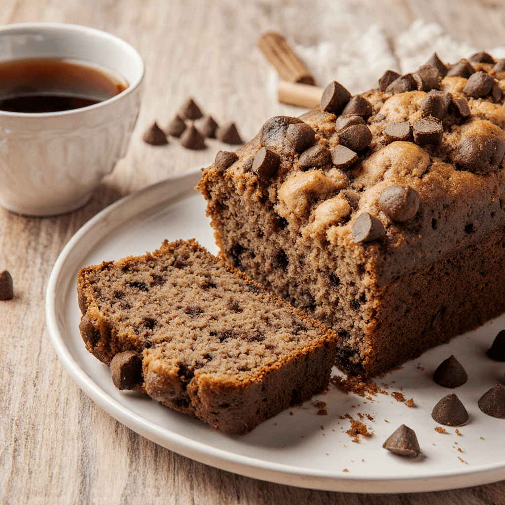Cake café-chocolat moelleux coupé en tranches sur une planche en bois.