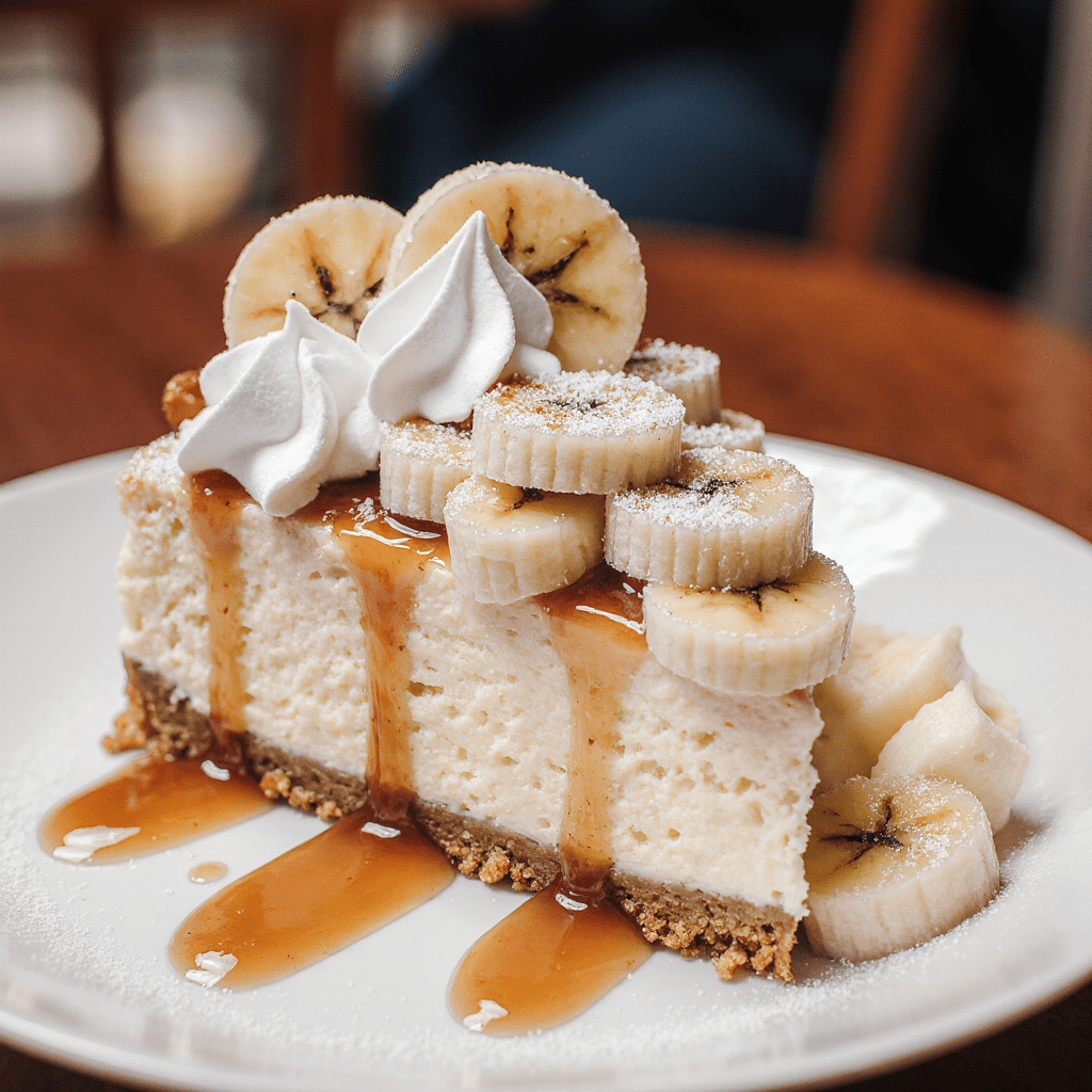 Cheesecake crémeux à la banane avec base biscuitée et crème fouettée.