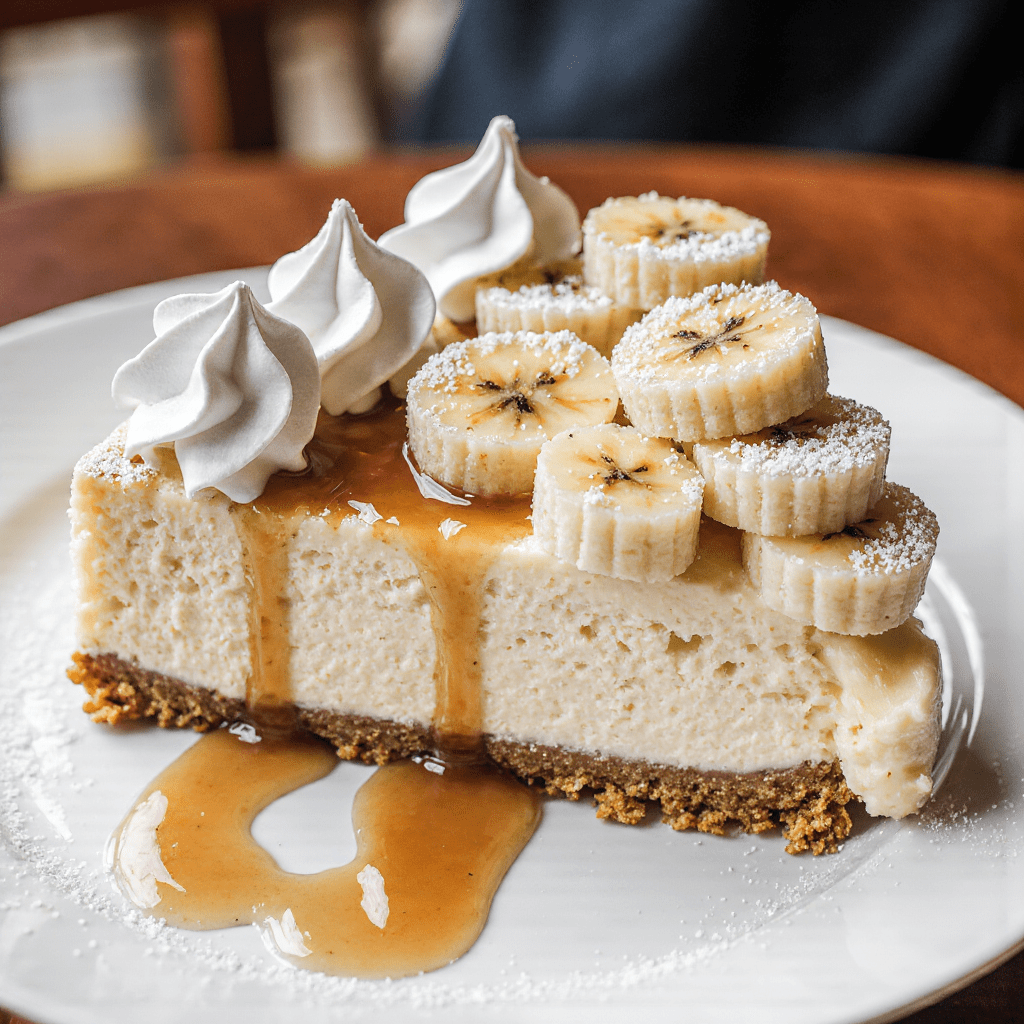 Cheesecake crémeux à la banane avec base biscuitée et crème fouettée.