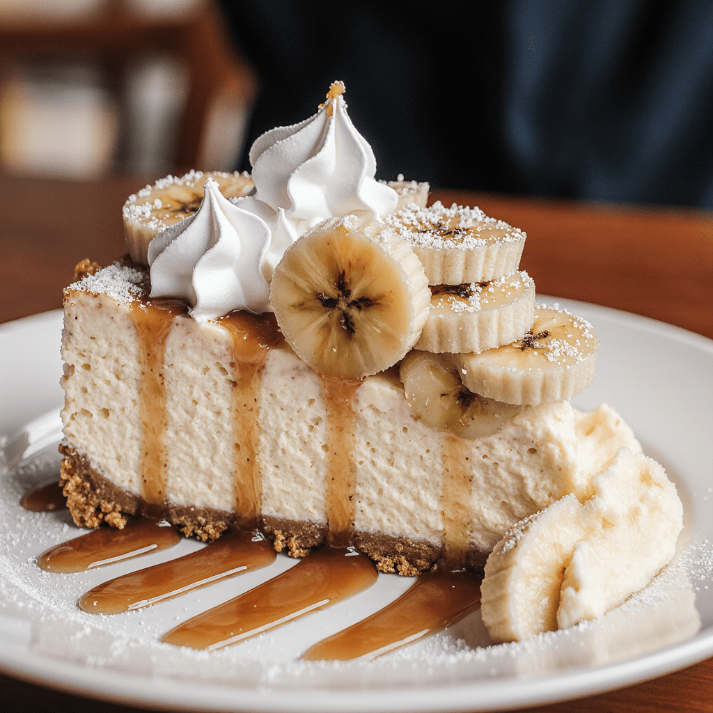 Cheesecake crémeux à la banane avec base biscuitée et crème fouettée.