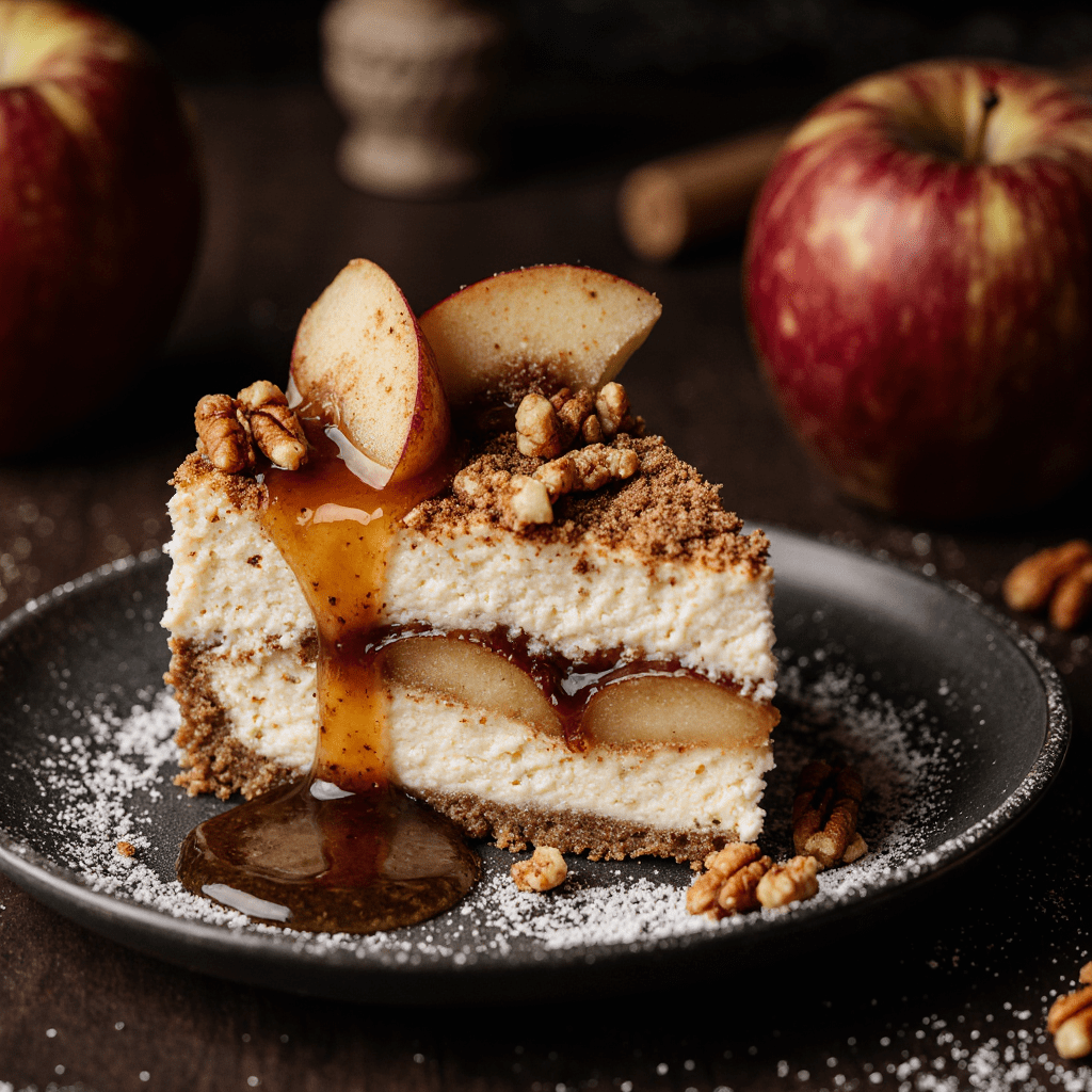 Cheesecake aux pommes caramélisées sur base biscuitée, décoré de pécan.