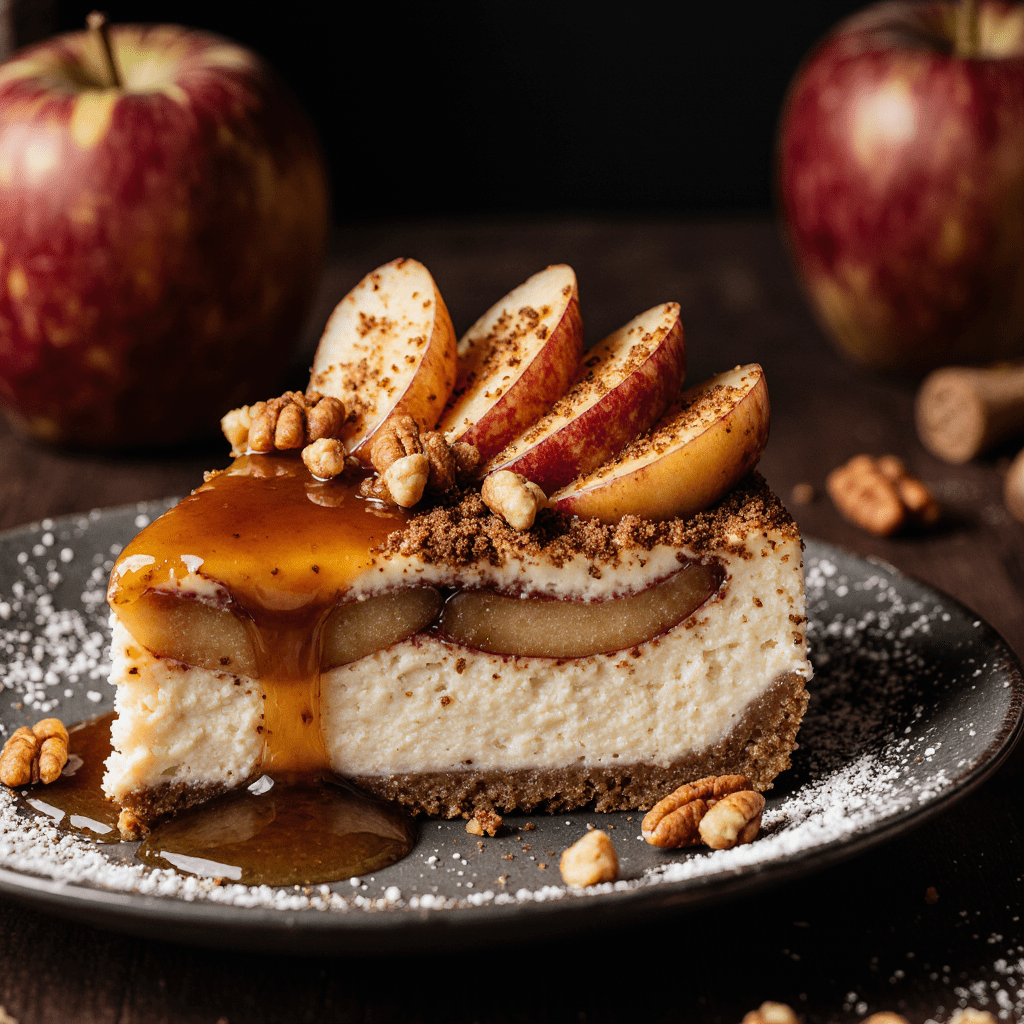 Cheesecake aux pommes caramélisées sur base biscuitée, décoré de pécan.