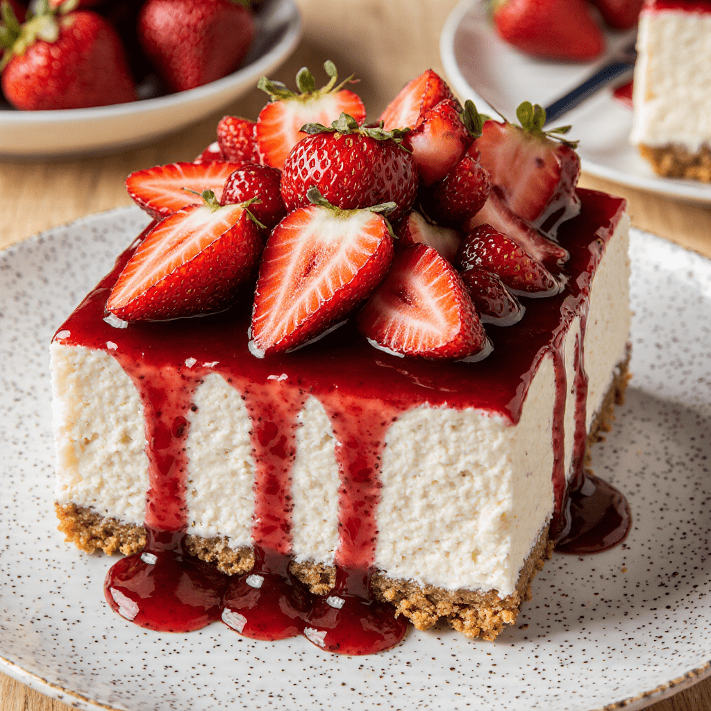 Cheesecake à la fraise sans cuisson avec base biscuitée, crème onctueuse et nappage de fraises fraîches.
