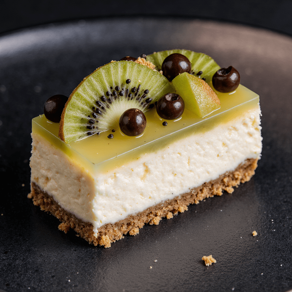 Cheesecake kiwi sans cuisson avec base biscuitée, crème au fromage et tranches de kiwi disposées sur le dessus.