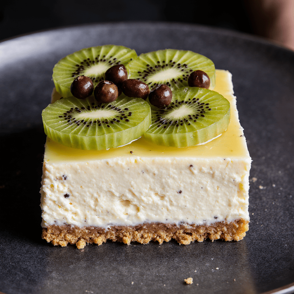 Cheesecake kiwi sans cuisson avec base biscuitée, crème au fromage et tranches de kiwi disposées sur le dessus.